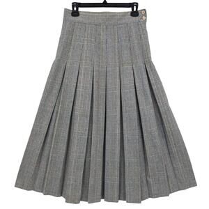 Vintage 1980's CHAUS Wool Blend Librarian Academia Pleated Gray Plaid MIDI SKIRT